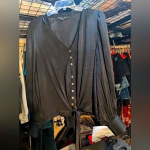 Andrew Marc Black Long Sleeve Button Down Tie Hem Top